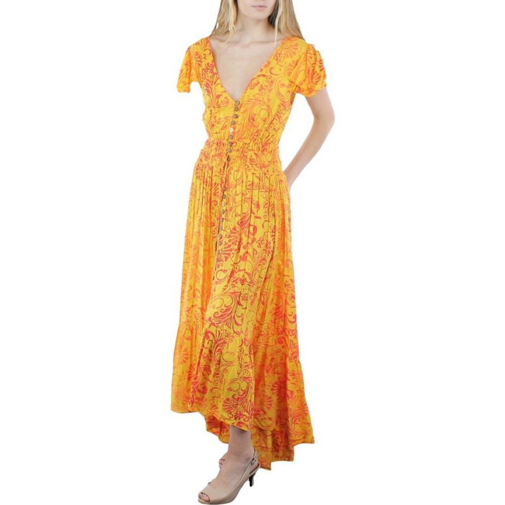 Tiare Hawaii Womens Yellow Button Front Smocked Beachwear Cover-Up NWT